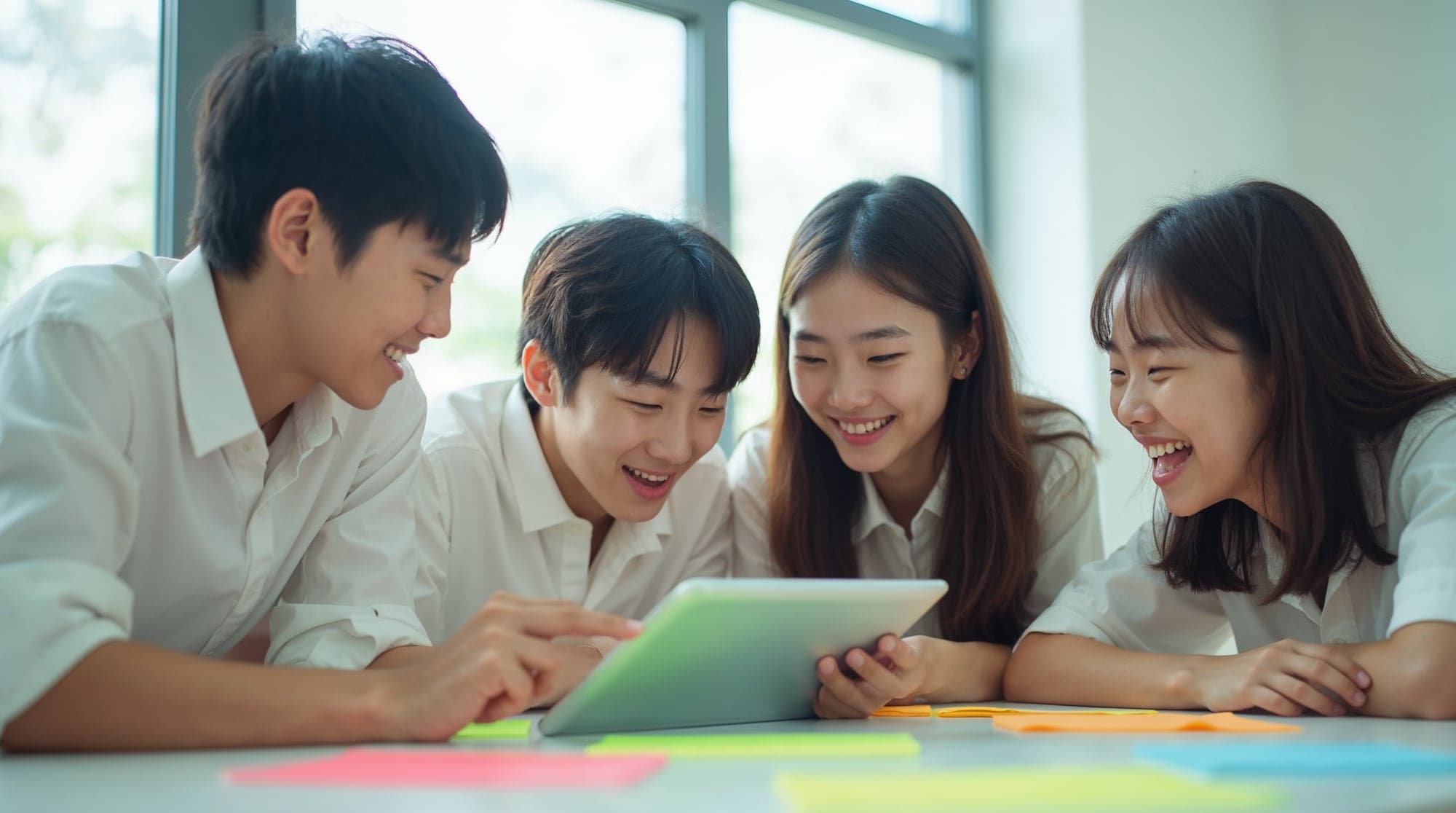 태블릿으로 팀 프로젝트를 진행하는 학생들